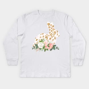 Pink and Gold Leopard Bunny with Flowers Kids Long Sleeve T-Shirt